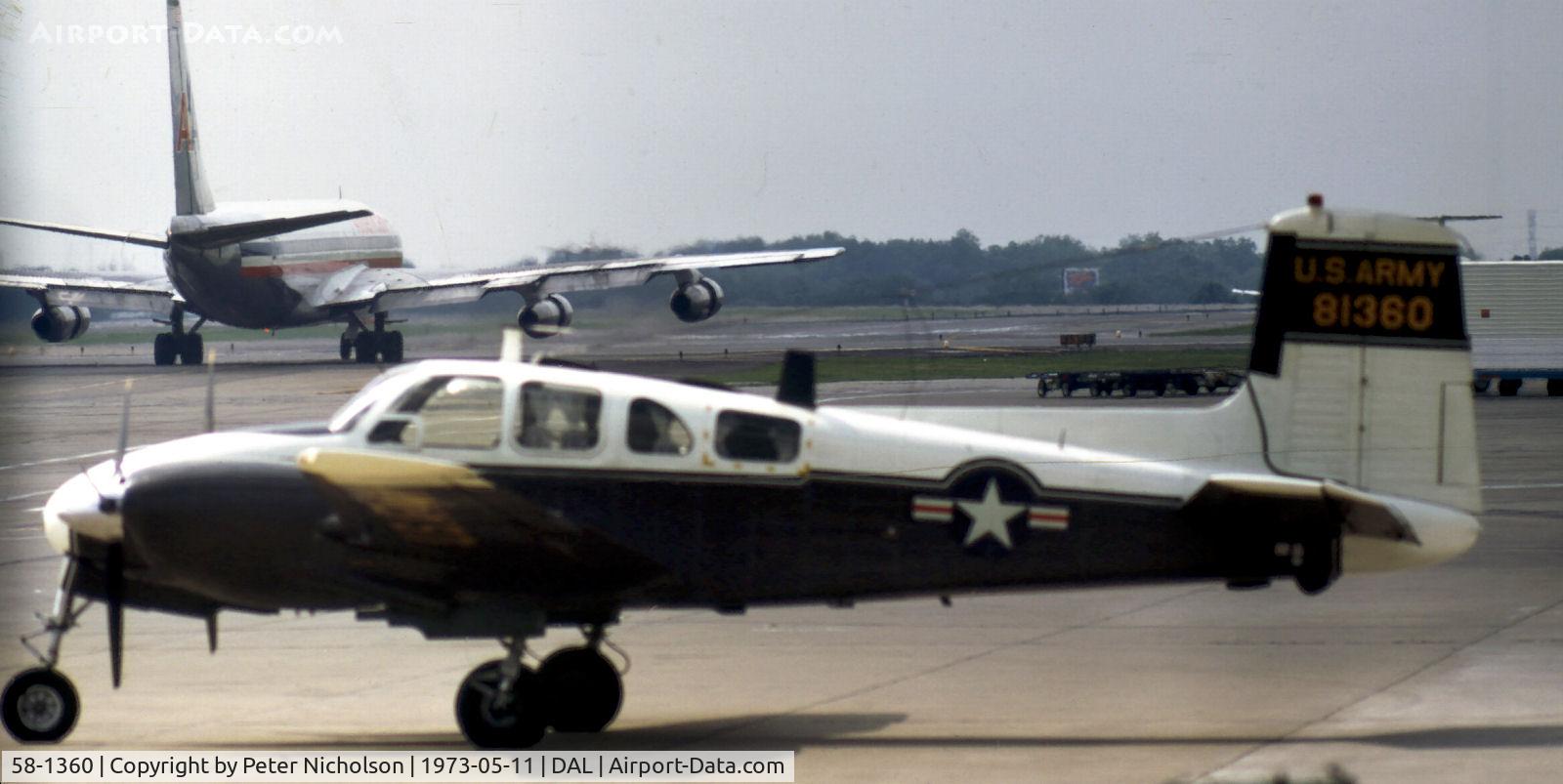 58-1360, 1958 Beech RU-8D Seminole C/N LHC-6, United States Army RU-8D Seminole seen at Love Field in May 1973.