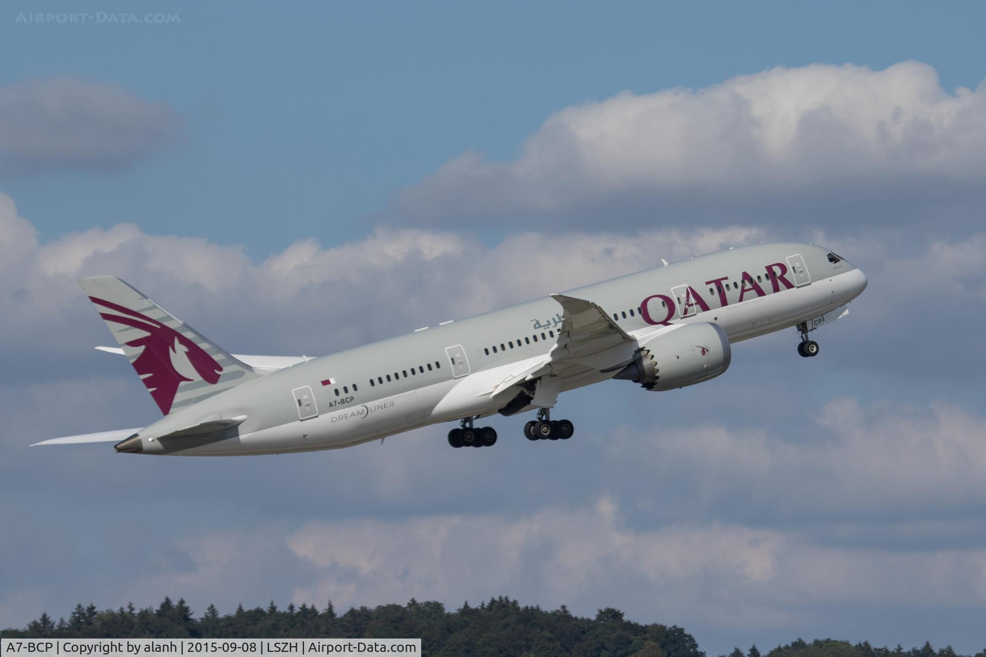 A7-BCP, 2014 Boeing 787-8 Dreamliner C/N 38334, Departing Zurich