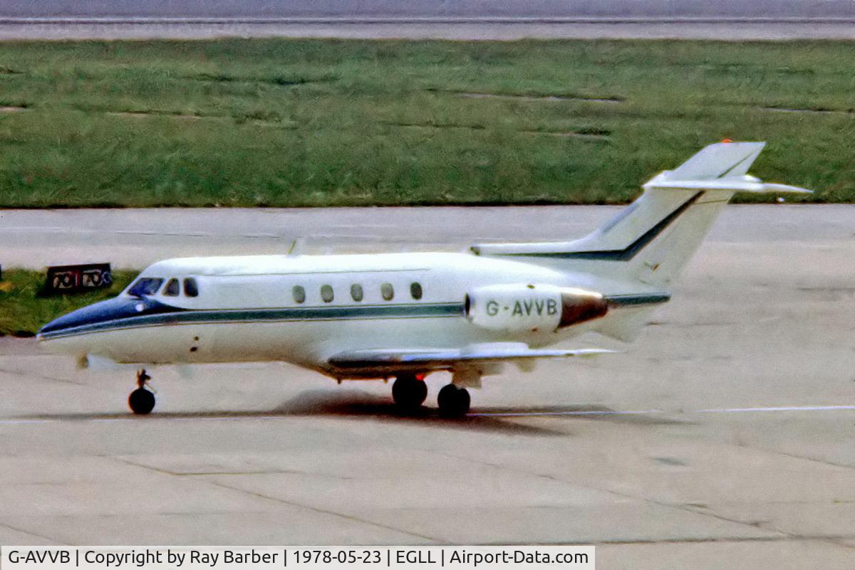 G-AVVB, 1968 Hawker Siddeley HS.125 Series 3B/RA C/N 25140, Hawker-Siddeley 125/3B-RA [25140] (Brown & Root UK Ltd) Heathrow~G 23/05/1978. From a slide.