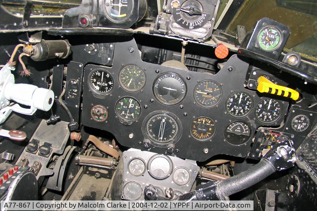 A77-867, 1952 Gloster Meteor F8 C/N Not found WK685/A77-867, A Cockpit view the Gloster Meteor F8 at The Classic Jets Fighter Museum at Parafield Airport, South Australia. December 2nd 2004.