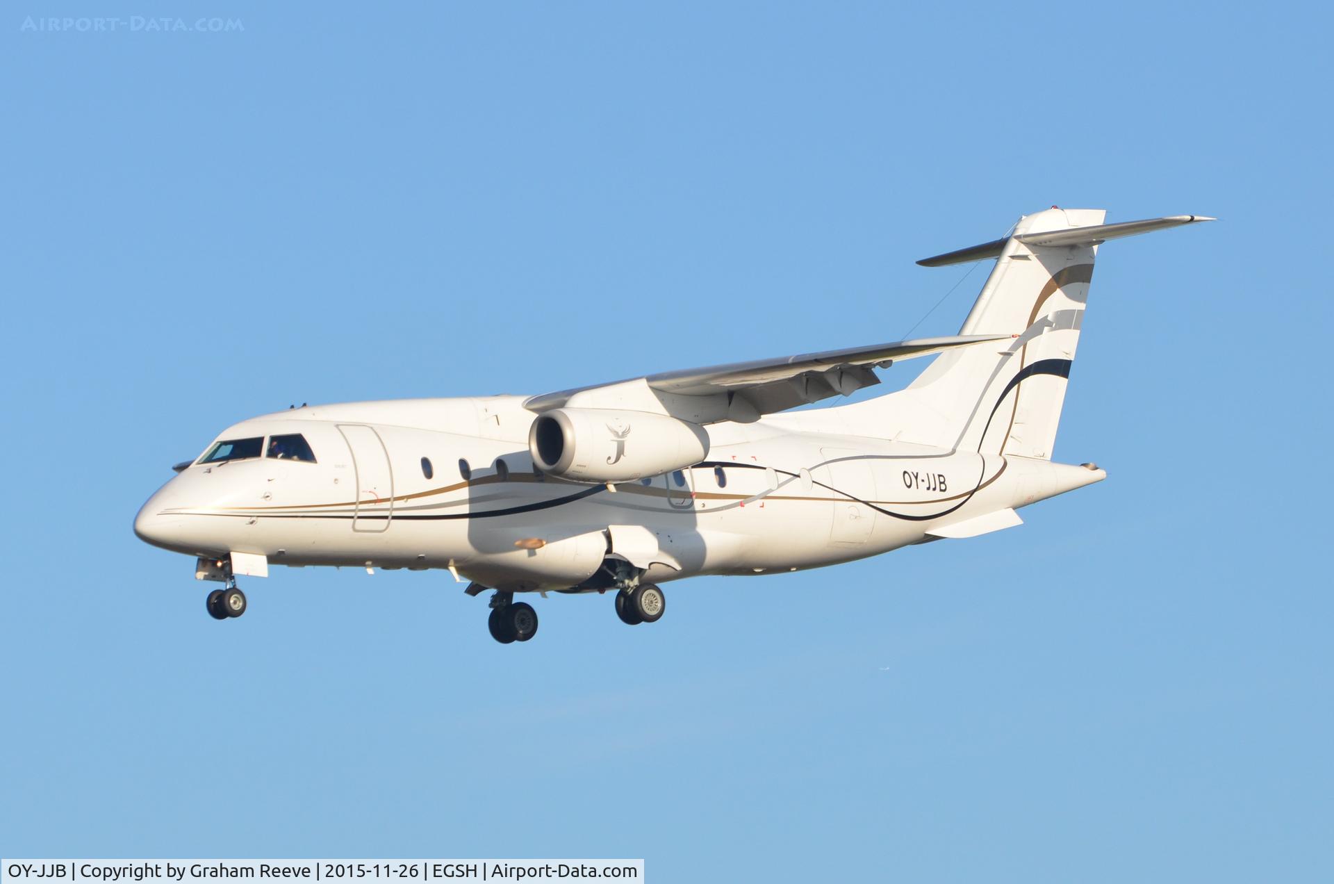 OY-JJB, 2002 Fairchild Dornier 328-300 328JET C/N 3199, Landing at Norwich.