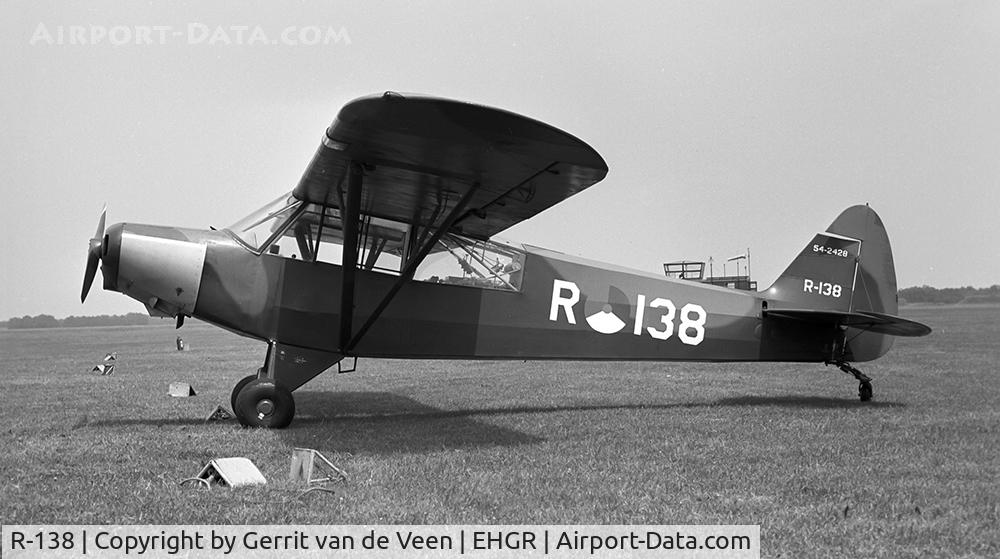 R-138, 1954 Piper L-21B Super Cub (PA-18-135) C/N 18-3828, During 1974 this aircraft was with nr 1 Instr Sq for primary pilot training, these aircraft all wore dayglow noses