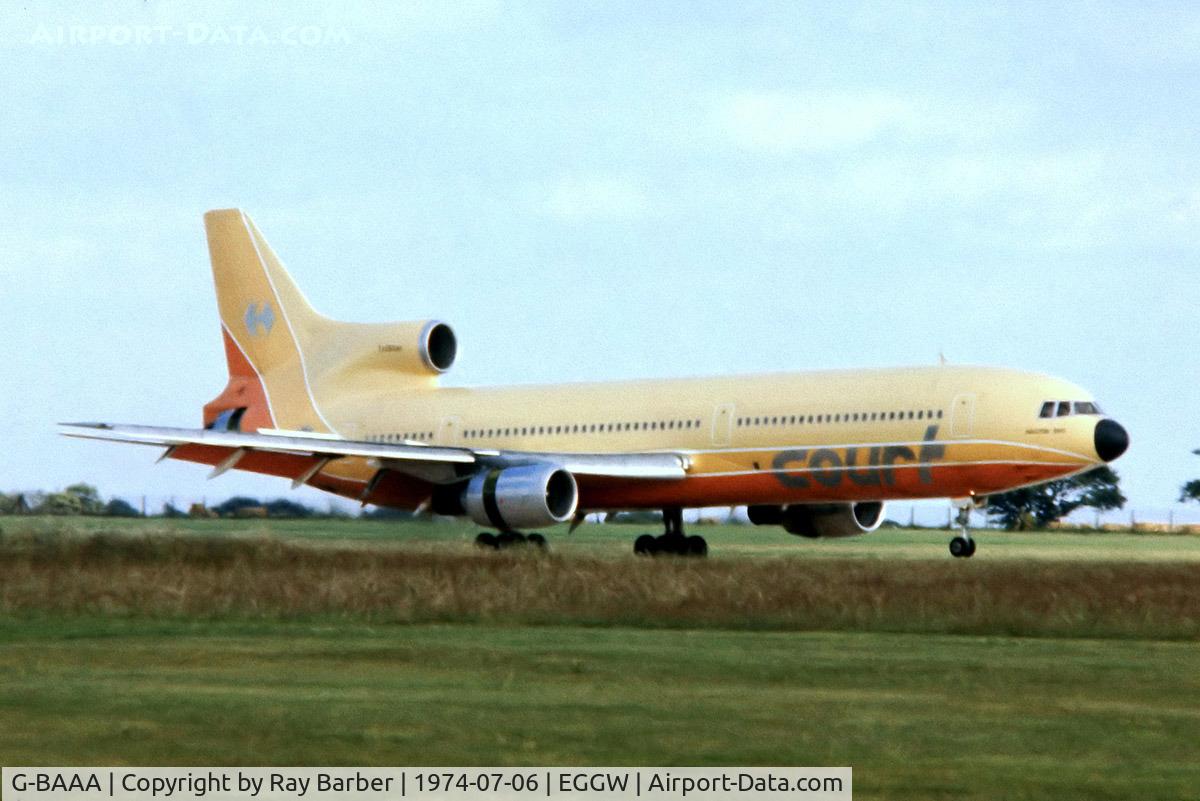 G-BAAA, 1972 Lockheed L-1011-385-1 TriStar 1 C/N 193E-1024, Lockheed L-1011 Tristar 1 [1024] (Court Line) Luton~G 06/07/1974. From a slide.