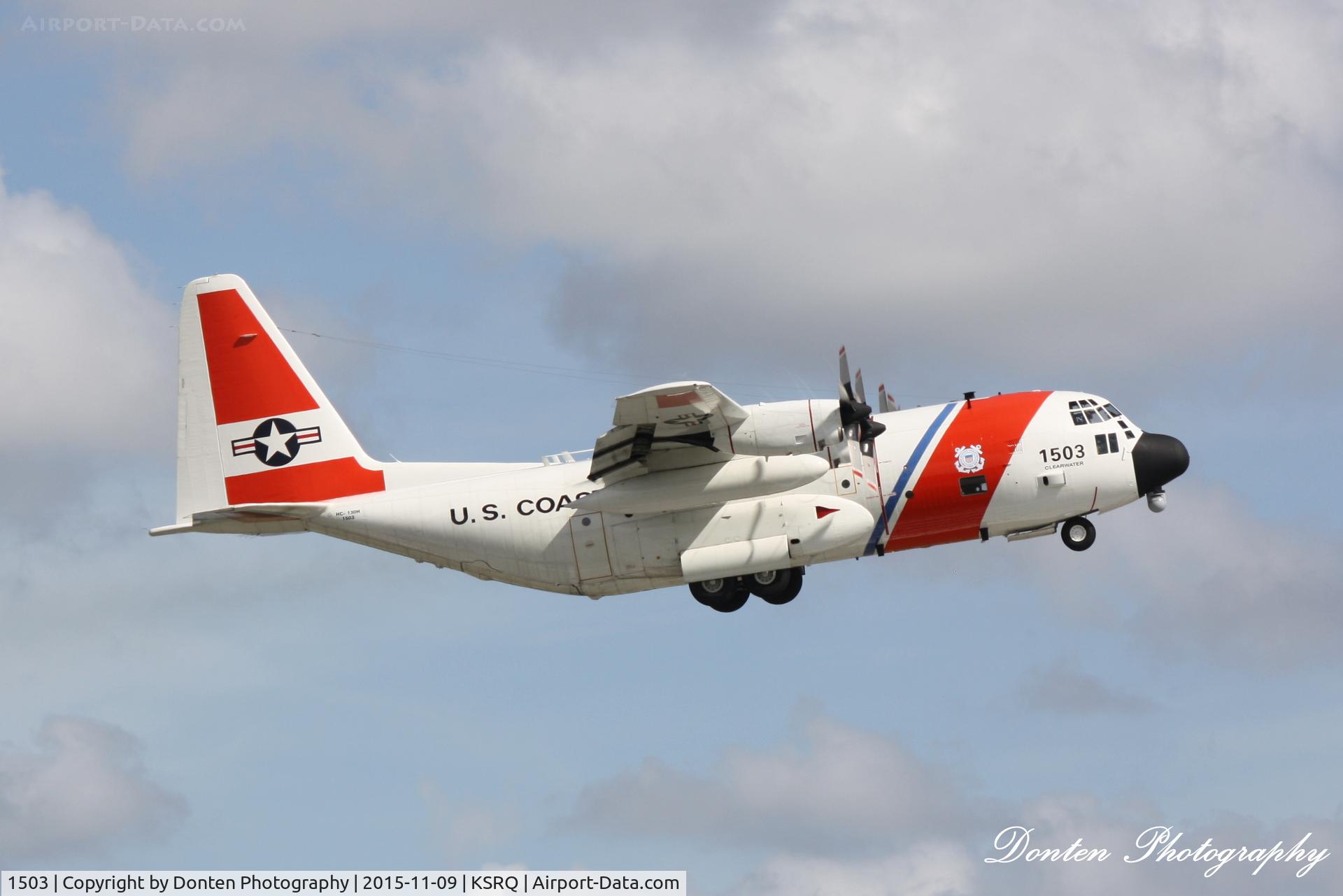 1503, 1973 Lockheed HC-130H Hercules C/N 382-4528, USCG HC-130 Hercules (1503) from Air Station Clearwater departs Sarasota-Bradenton International Airport