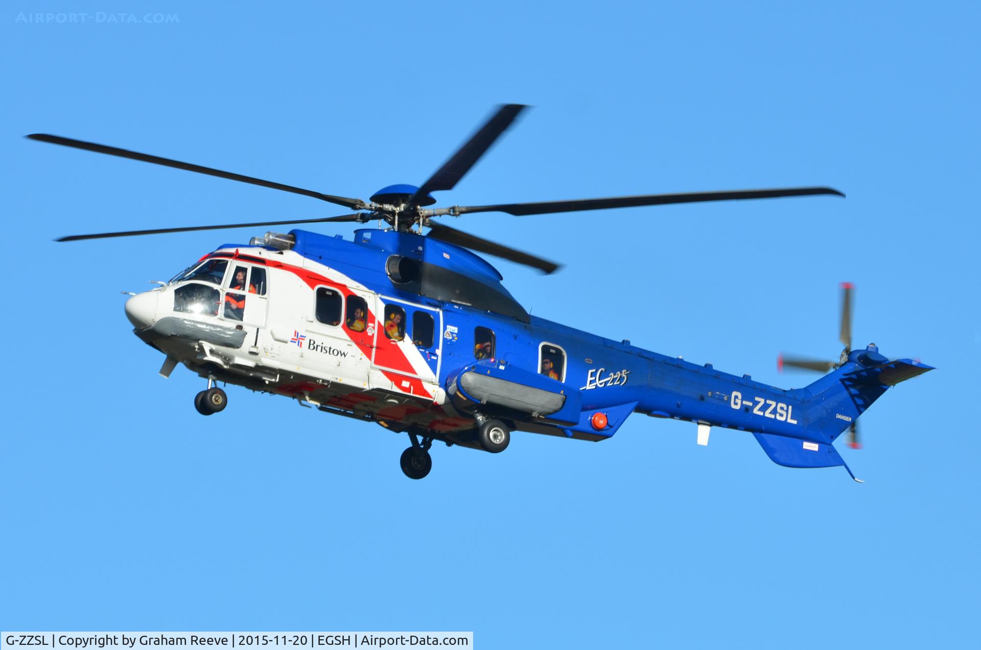 G-ZZSL, 2014 Airbus Helicopters EC-225LP Super Puma C/N 2928, On approach to Norwich.