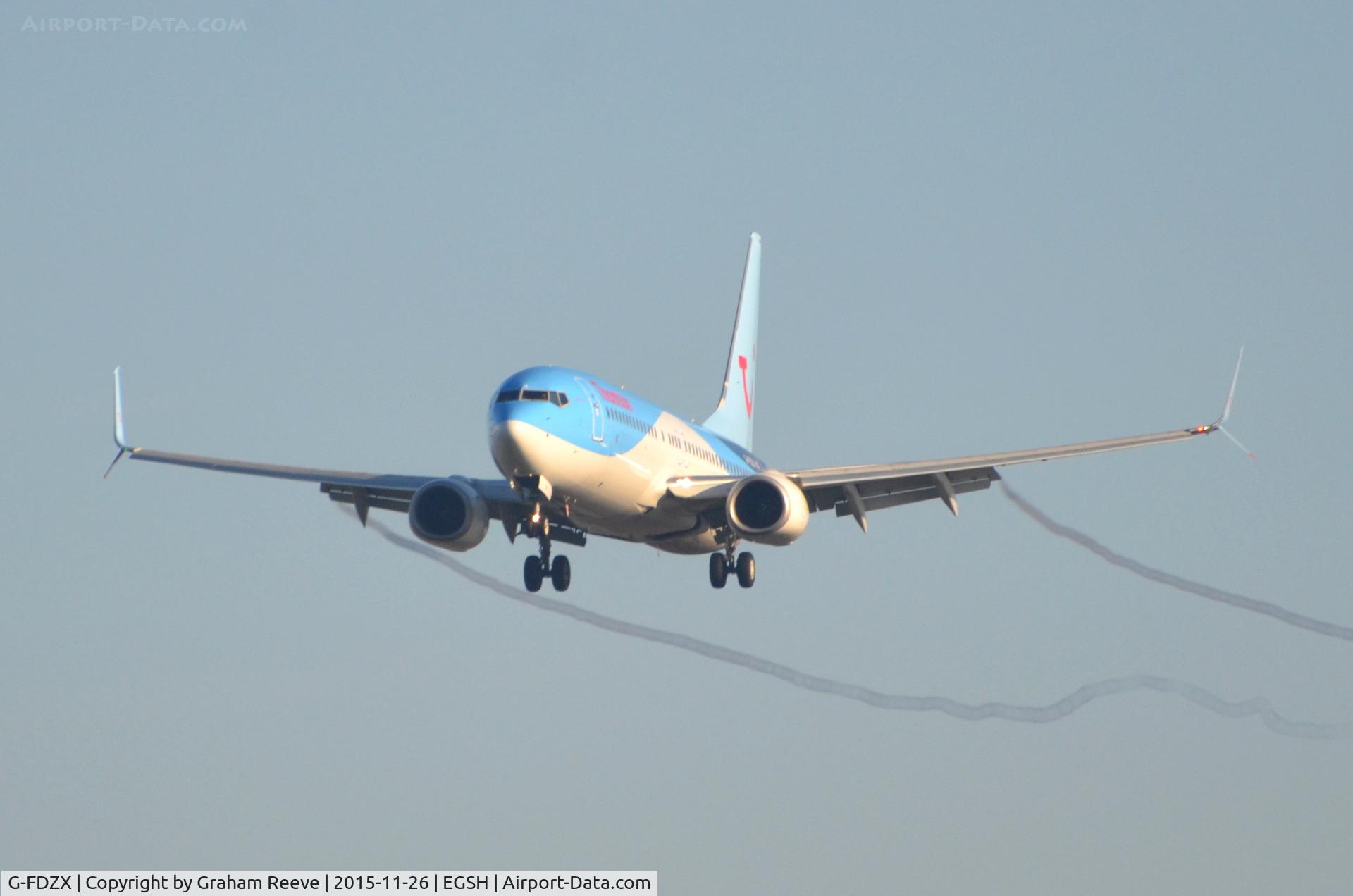 G-FDZX, 2011 Boeing 737-8K5 C/N 37258, On approach to Norwich.