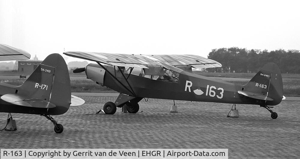R-163, 1955 Piper L-21B Super Cub (PA-18-135) C/N 18-3853, the 54-2453 on the flightline at the EVO (Primary Flying School) so dayglow nosed 1973