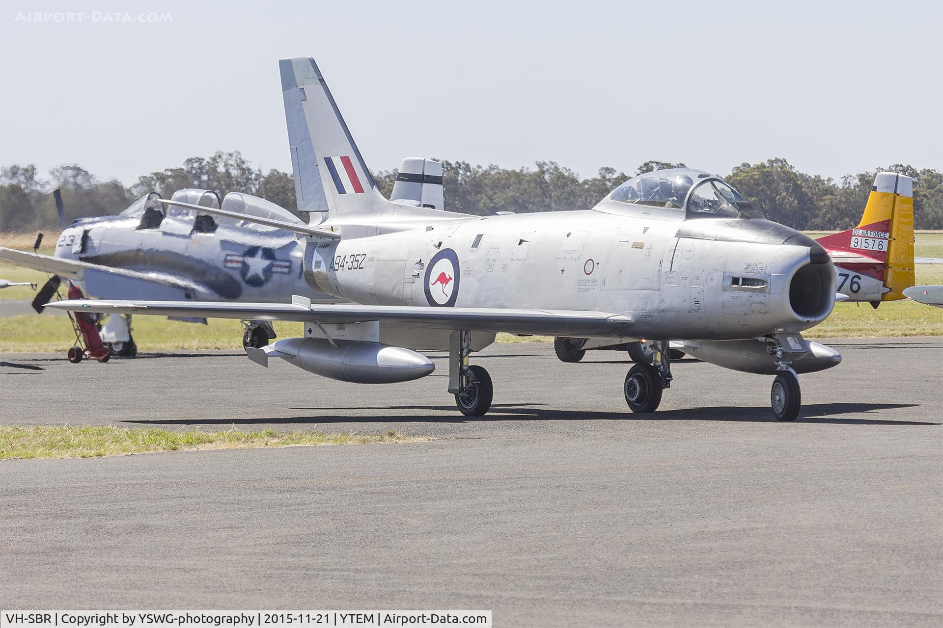 VH-SBR, 1957 Commonwealth CA-27 Sabre Mk.32 C/N CA27-92, Jeff Trappett (VH-SBR, former military registration A94-352) CAC Sabre Mk.32 on the tarmac during the 2015 Warbirds Downunder Airshow at Temora