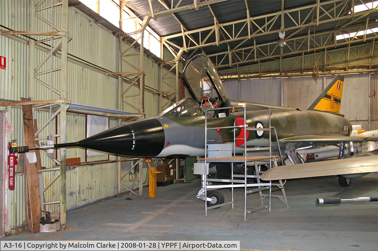 A3-16, Dassault Mirage IIIO C/N 29-16, Dassault Mirage IIIO. At the Classic Jets Fighter Museum, Parafield, Australia in 2008, in the tail colours of the ARDU.
