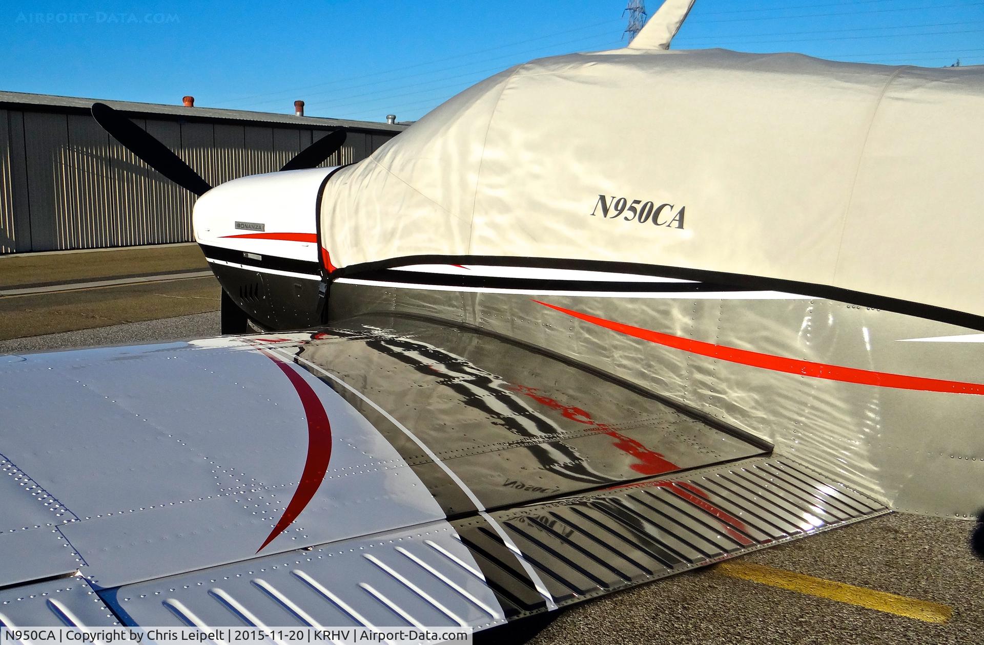 N950CA, 1974 Beech V35B Bonanza C/N D-9667, Locally-based 1974 Beechcraft V35B Bonanza parked in bright evening lighting at Reid Hillview Airport, San Jose, CA.