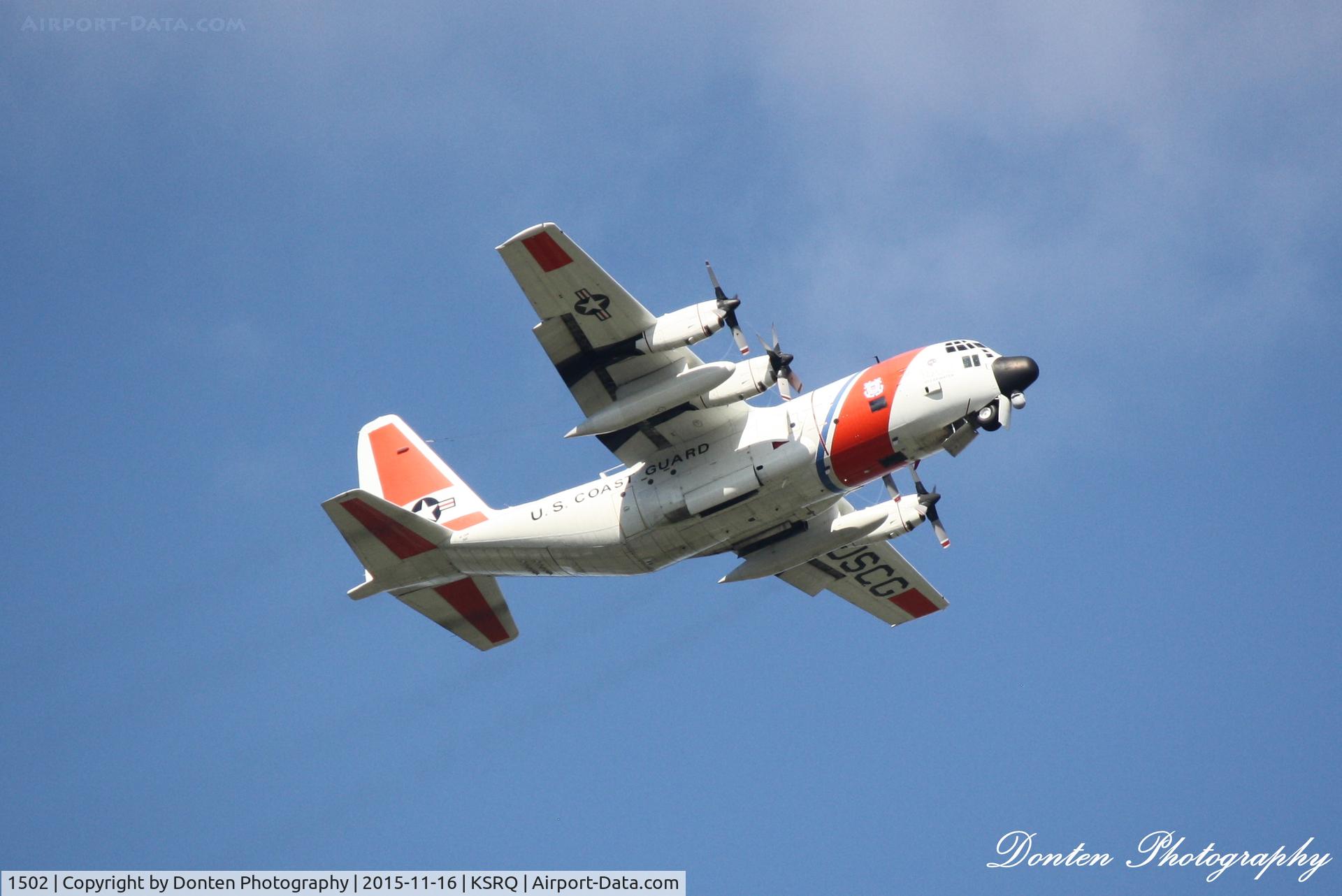 1502, 1973 Lockheed HC-130H Hercules C/N 382-4513, USCG HC-130 Hercules (1502) from Air Station Clearwater departs Sarasota-Bradenton International Airport