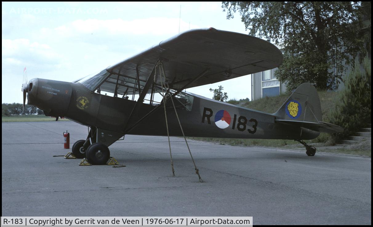 R-183, 1954 Piper L-21B Super Cub (PA-18-135) C/N 18-3873, One of the very last in service, titles on nose: Republic Frisian Air Force and 315SQ badge on tail. In front of the sq building Deelen AFB