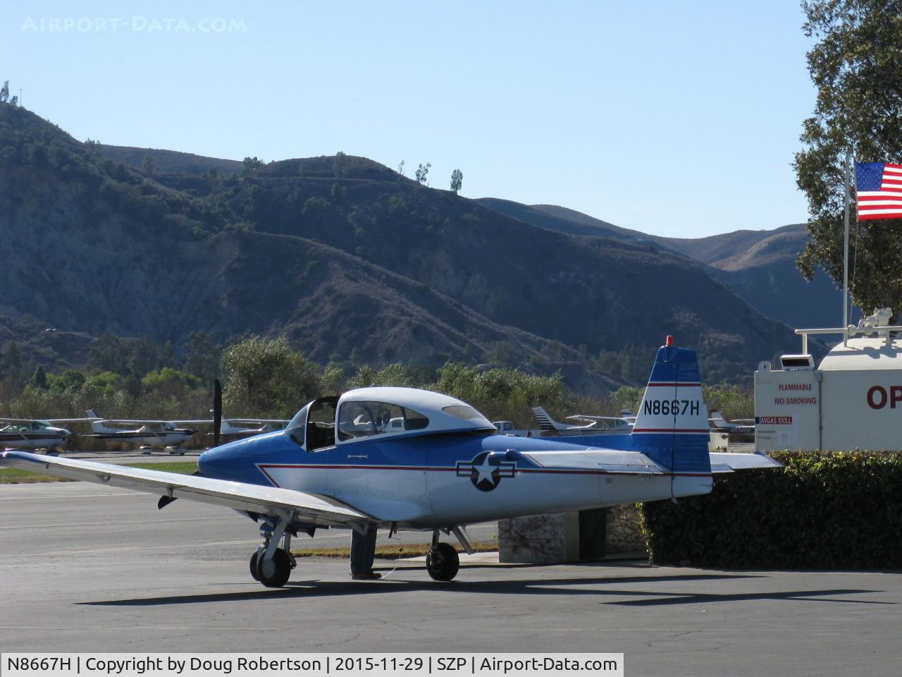 N8667H, 1947 North American Navion C/N NAV-4-667, 1947 North American Aviation NAVION, Continental IO-520 285 Hp upgrade, tri-blade CS prop, other mods, refueling at SZP Self-Serve SHELL 100LL Fuel Dock