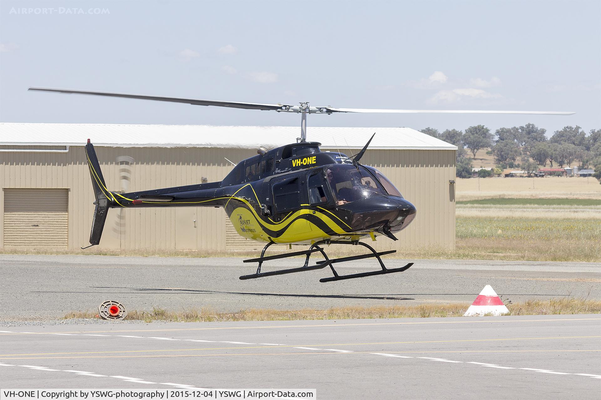 VH-ONE, Bell 206B JetRanger III C/N 1240, Ausjet-Heli Experiences (VH-ONE) Agusta-Bell AB 206B Jet Ranger III taking off from Wagga Wagga Airport.