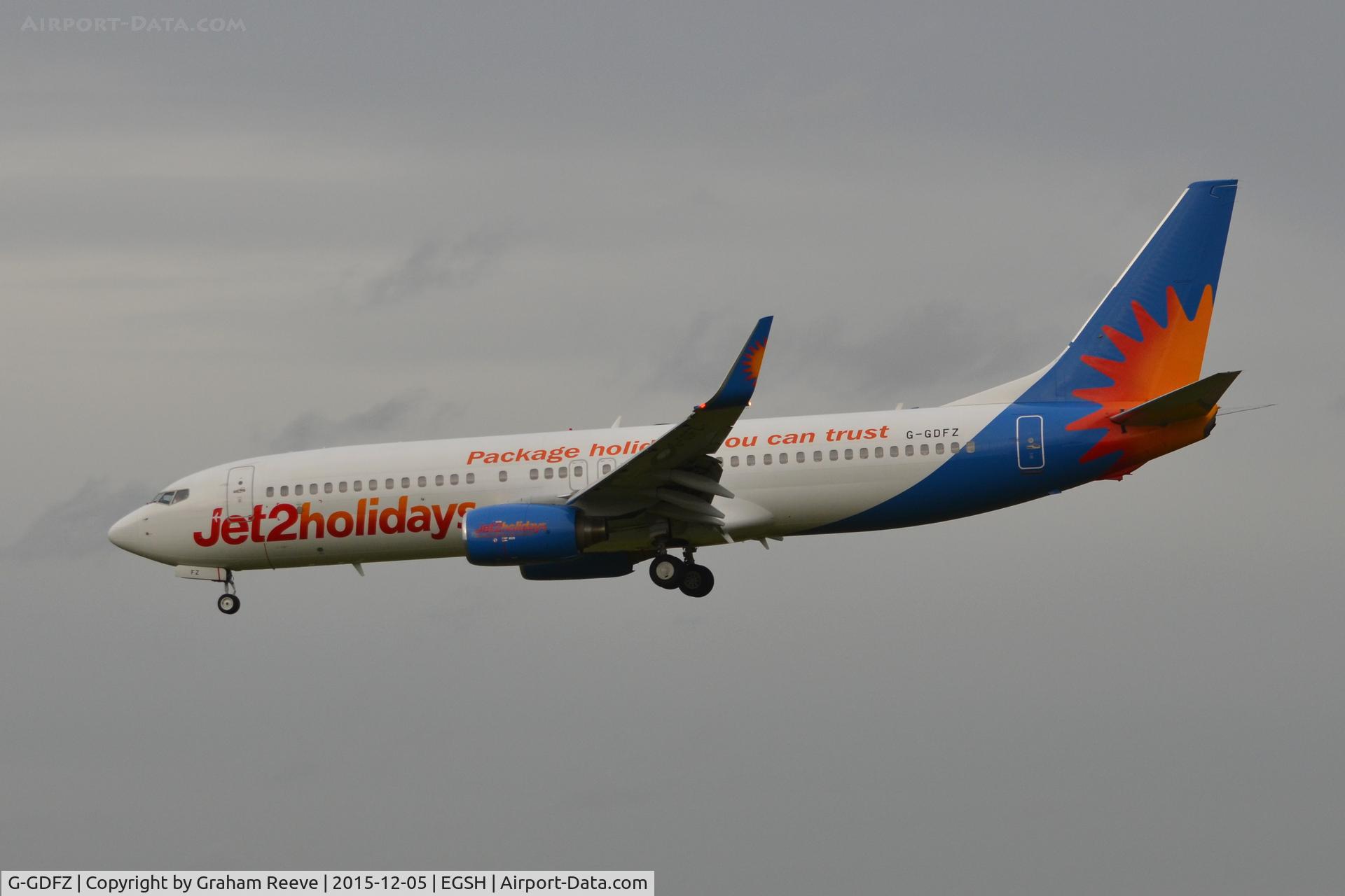 G-GDFZ, 2001 Boeing 737-86Q C/N 30276, Landing at Norwich on a very windy afternoon.