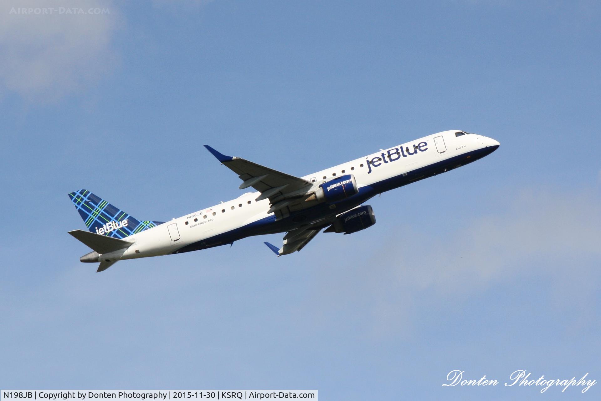 N198JB, 2006 Embraer 190AR (ERJ-190-100IGW) C/N 19000021, JetBlue Flight 164 (N198JB) departs Sarasota-Bradenton International Airport enroute to John F Kennedy International Airport