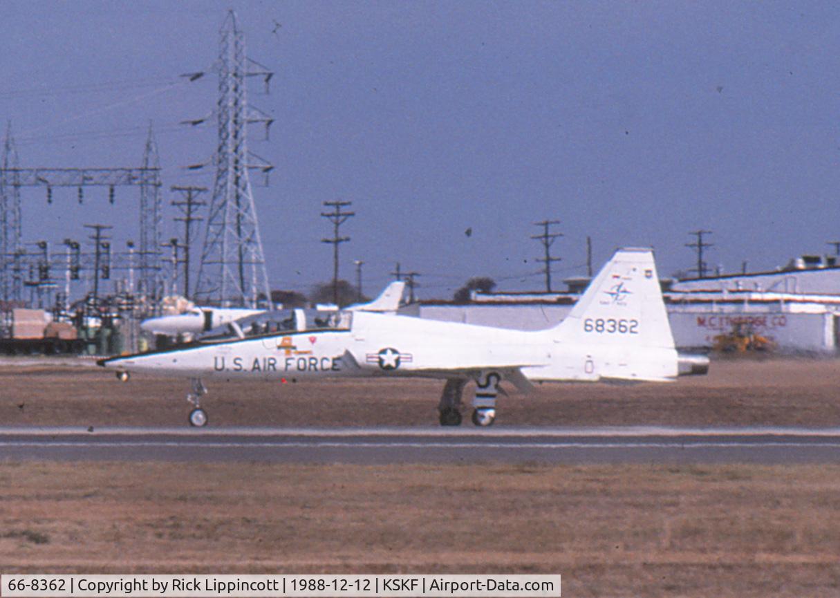 66-8362, 1966 Northrop T-38A Talon C/N N.5932, T-38A taxis after landing at Kelly AFB, San Antonio, TX, December 12, 1988. Airplane landed shortly ahead of the NASA 747 transporting Shuttle Atlantis from Edwards AFB to Kennedy Space Center.