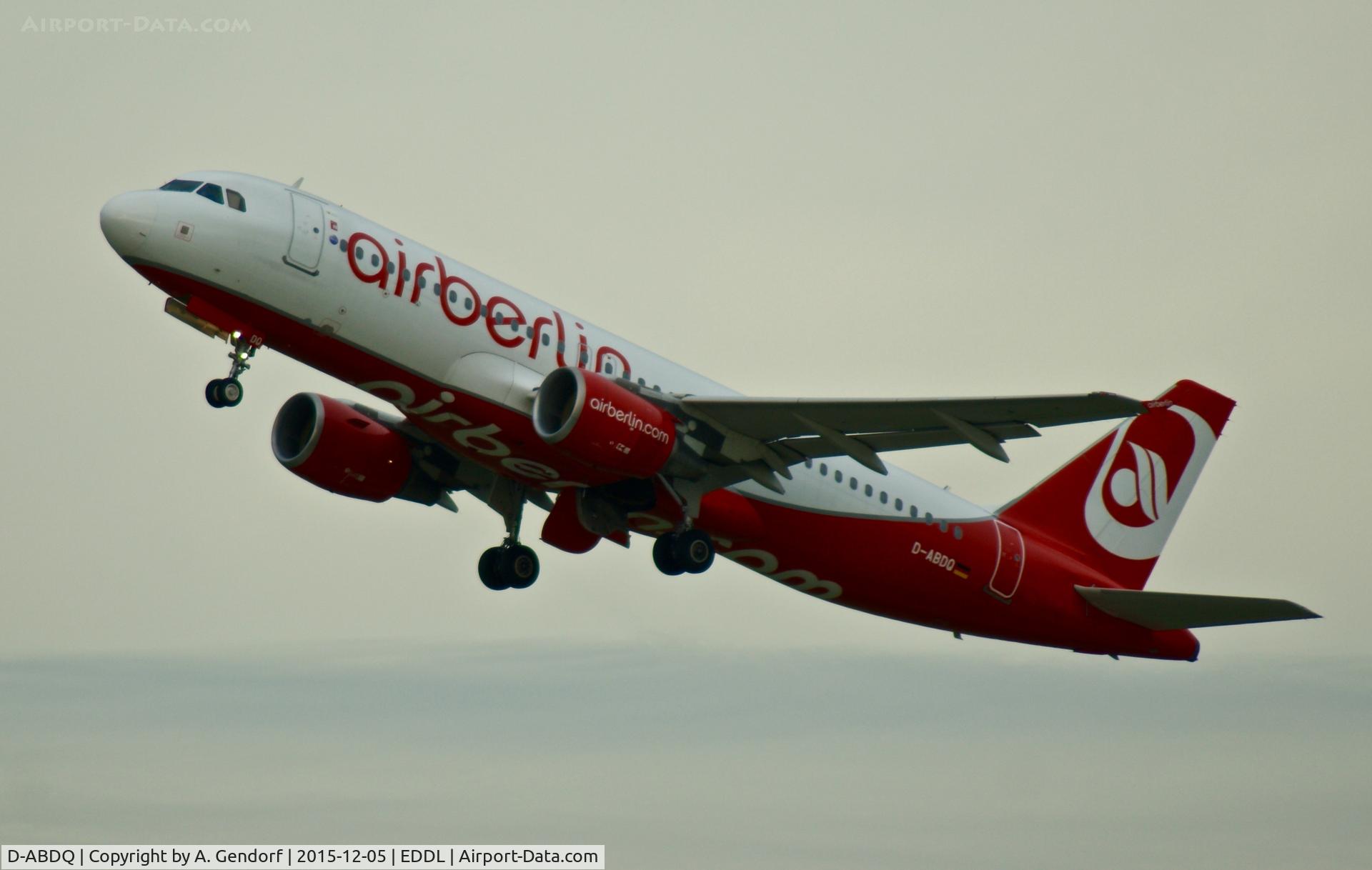 D-ABDQ, 2007 Airbus A320-214 C/N 3121, Air Berlin, is here departing at Düsseldorf Int'l(EDDL)