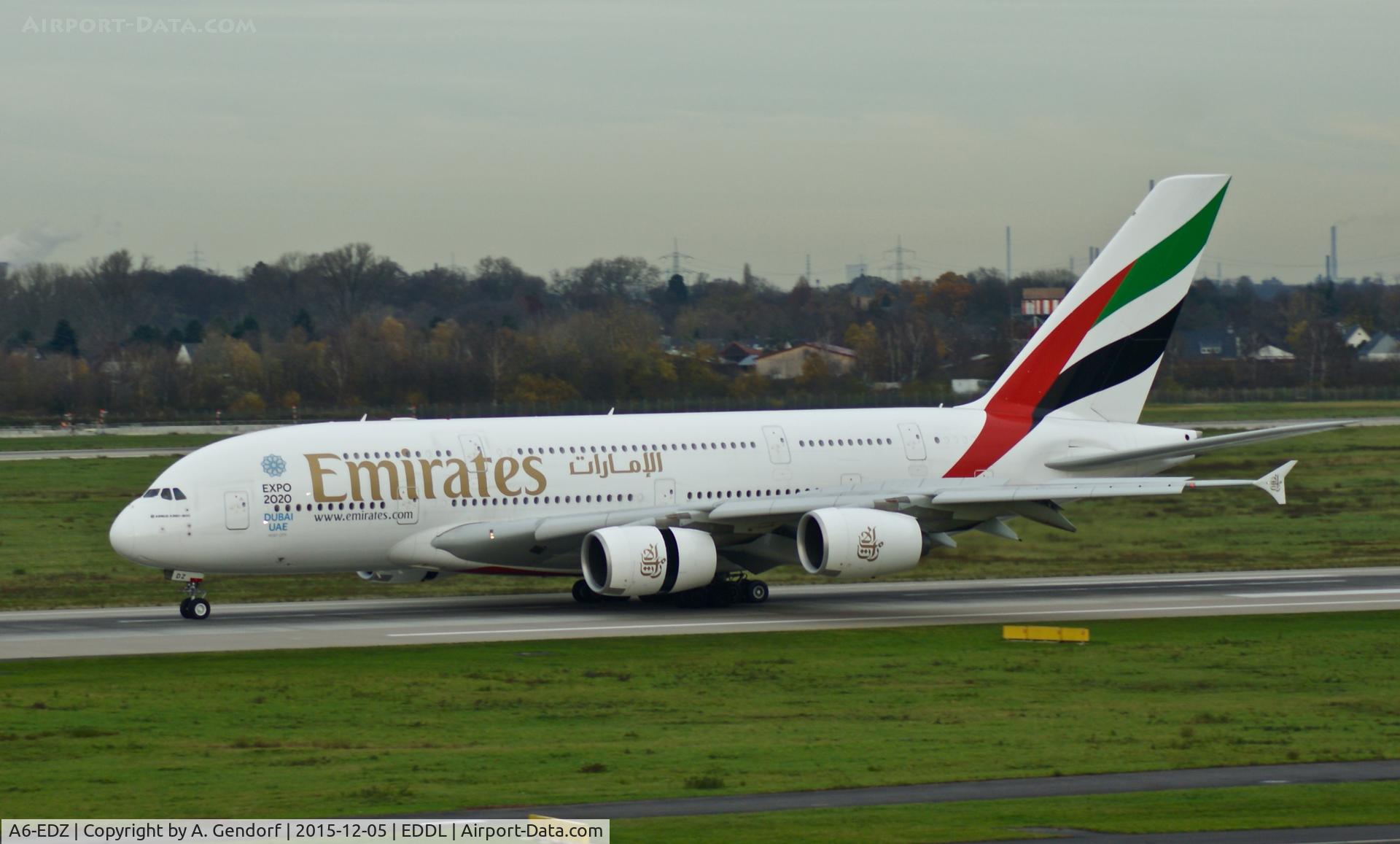 A6-EDZ, 2012 Airbus A380-861 C/N 107, Emirates, is here shortly after landing at Düsseldorf Int'l(EDDL)