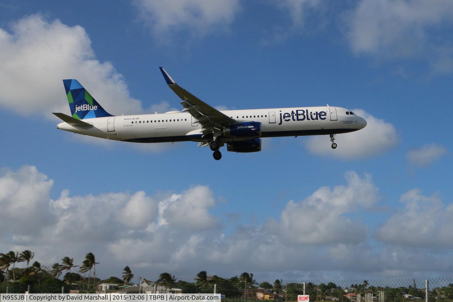 N955JB, 2015 Airbus A321-231 C/N 6757, On approach to Grantley Adams International Airport, Barbados