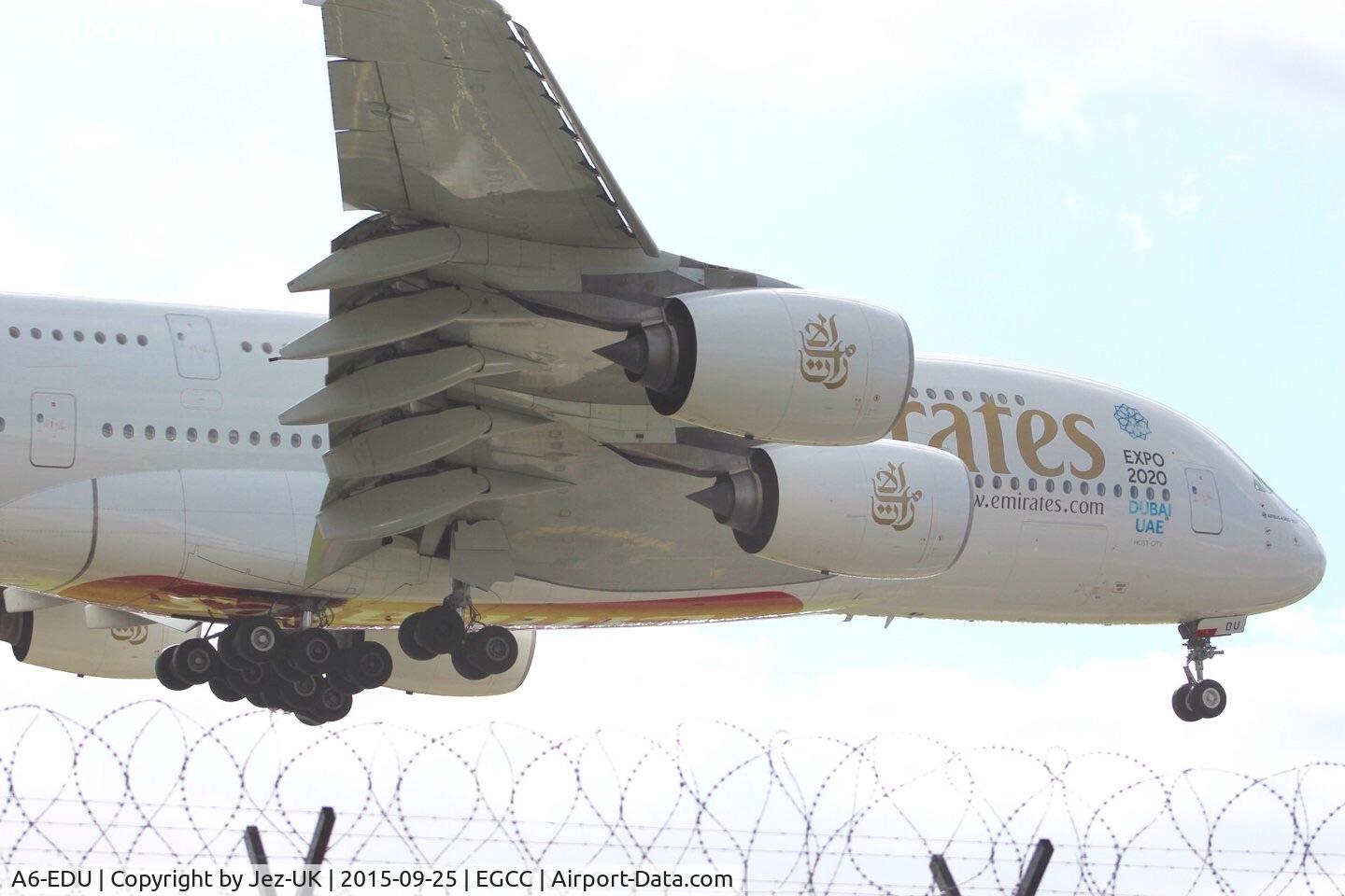A6-EDU, 2011 Airbus A380-861 C/N 098, about to touchdown on runway 23r, taken from The Airport Inn garden viewing area,