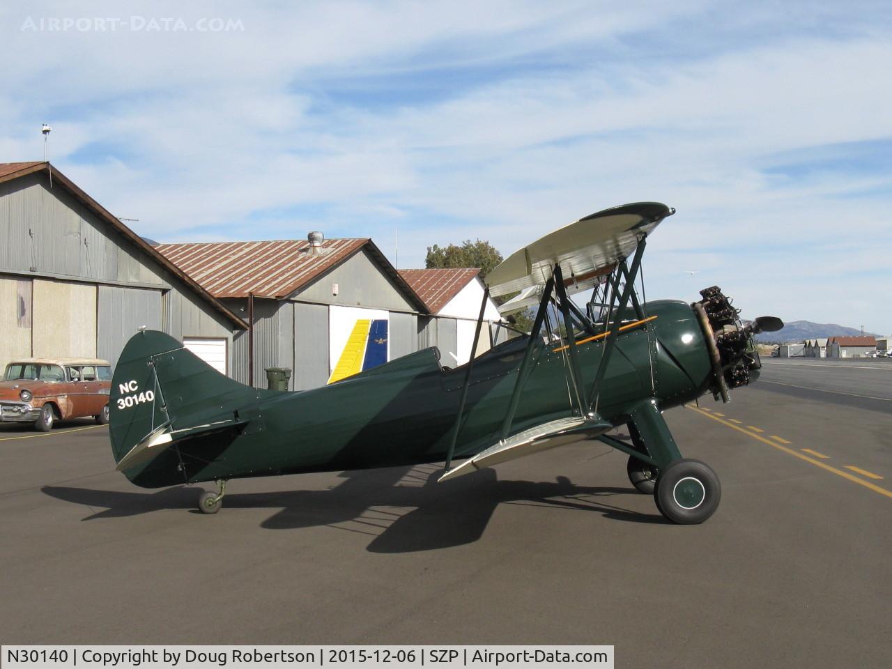 N30140, 1940 Waco UPF-7 C/N 5537, 1940 WACO UPF-7, Continental W670 220 Hp radial, visitor, 600 were built, 14 as YPT-14 for US Army Air Corps, the last in 1942. One UPF-7 is based at SZP. See N32135.