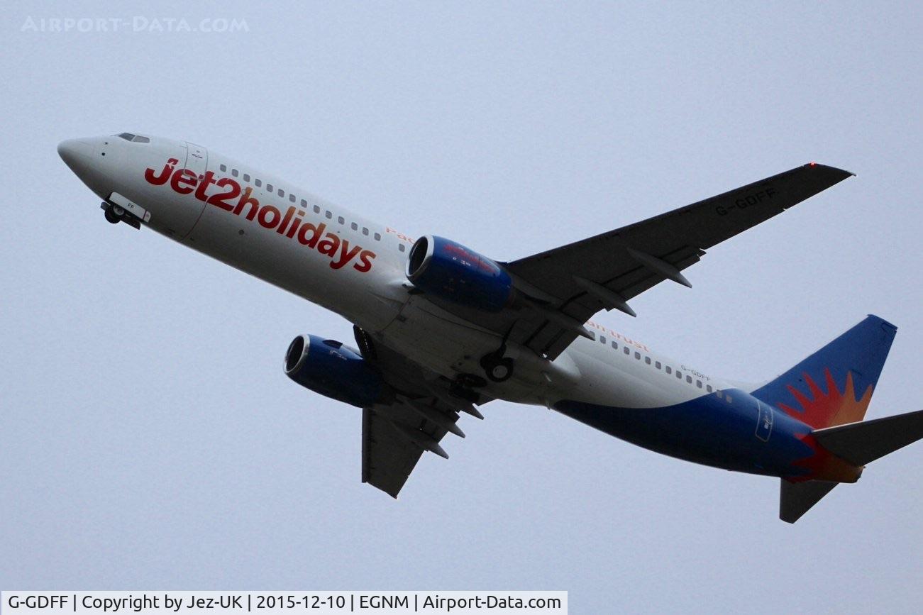 G-GDFF, 1999 Boeing 737-85P C/N 28385, climbing out of runway 32 bound for Prague