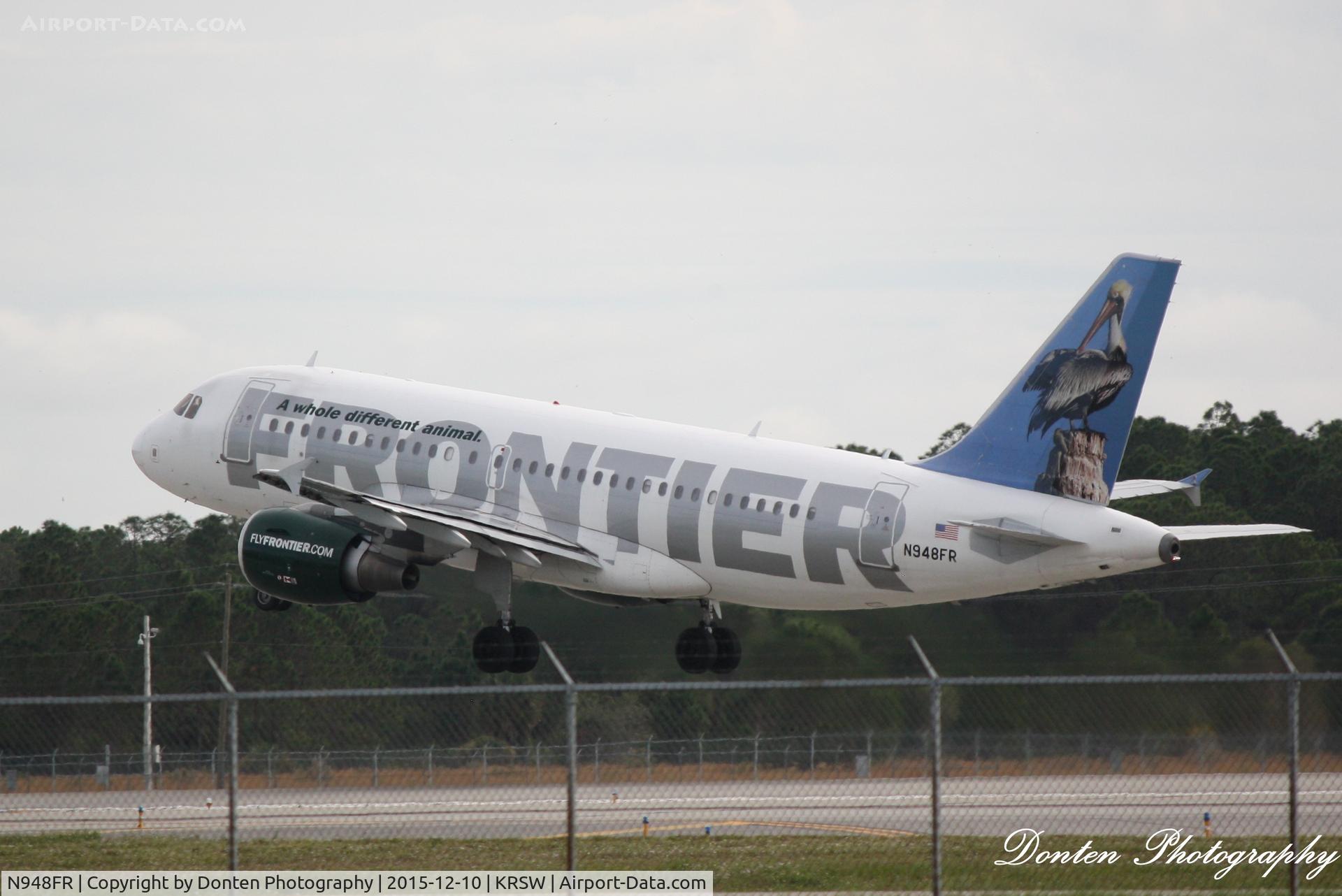 N948FR, 2006 Airbus A319-112 C/N 2836, Frontier Flight 926 (N948FR) Pete the Pelican departs Southwest Florida International Airport enroute to Trenton-Mercer Airport