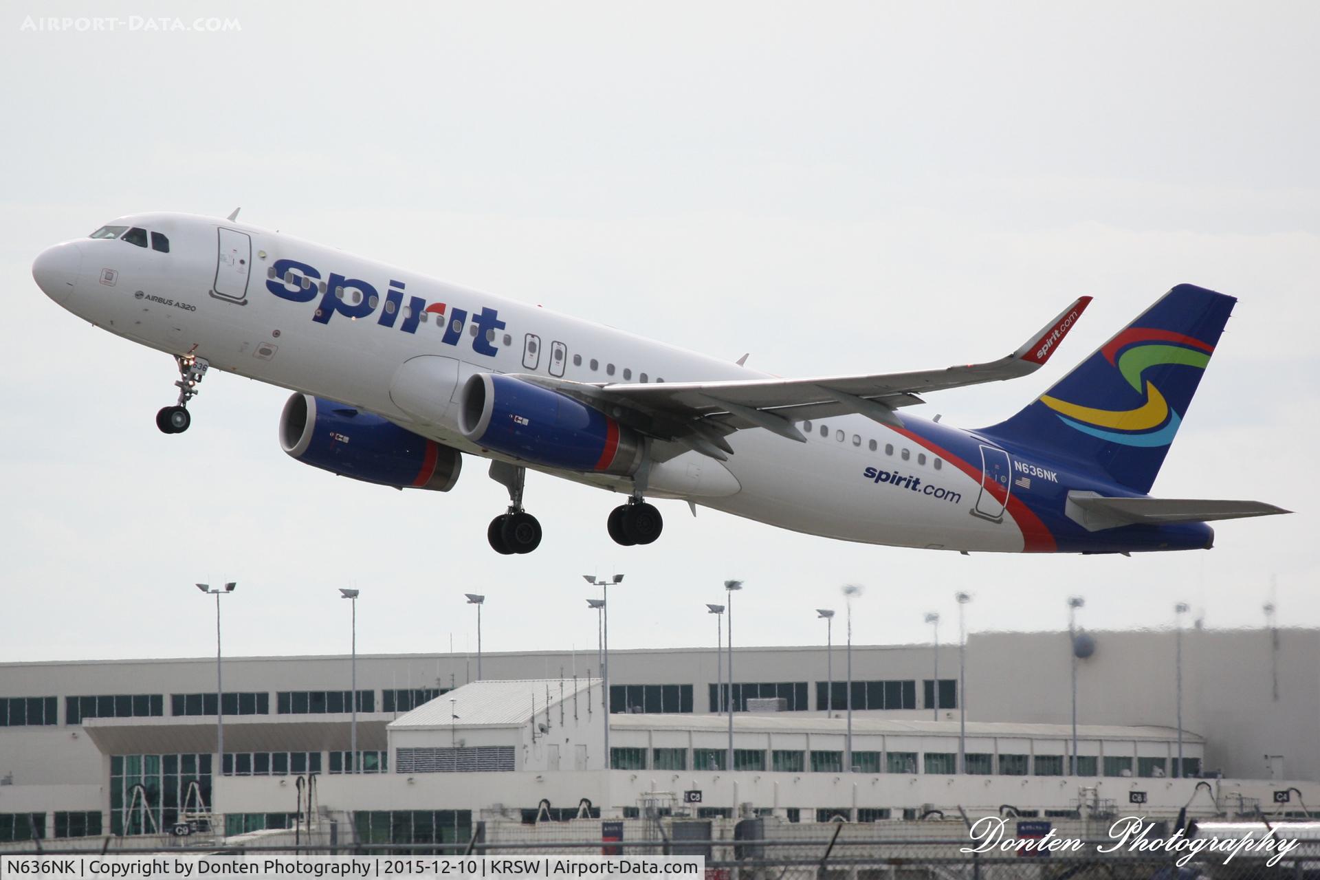 N636NK, 2015 Airbus A320-232 C/N 6424, Spirit Flight 960 (N636NK) departs Southwest Florida International Airport enroute to Cleveland-Hopkins International Airport