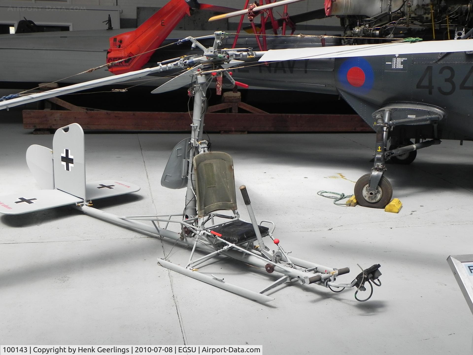 100143, Focke-Achgelis Fa-330A-1 Bachstelze C/N 100143, Duxford Museum. Focke Achgelis FA- 330, a simple, single-seater autogyro kite with a three-bladed rotor, o/b German U-boat