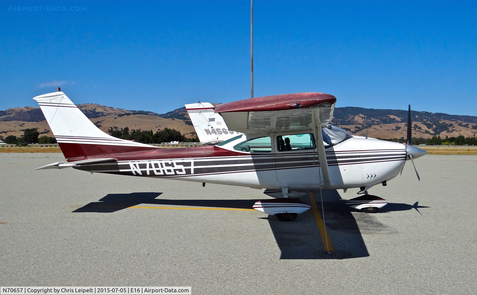 N70657, 1968 Cessna 182M Skylane C/N 18259344, Locally-based 1968 Cessna 182M parked at the south tie downs at South County Airport, San Martin, CA.