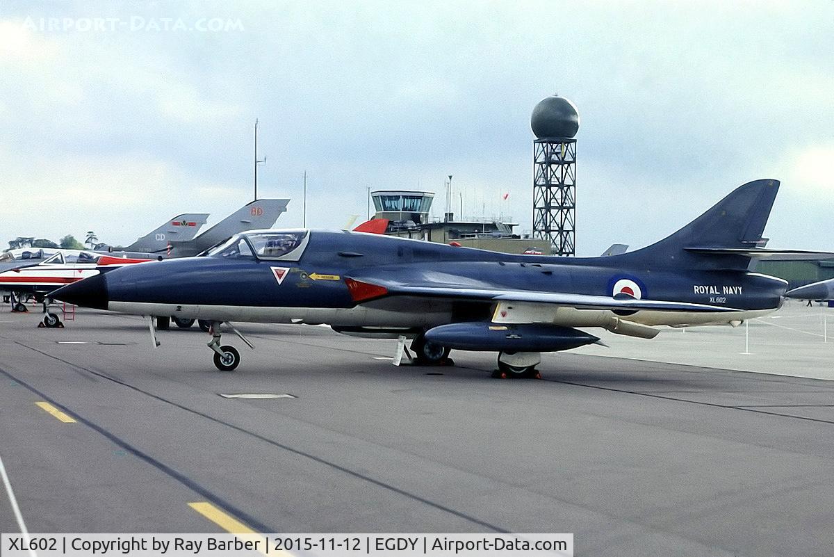 XL602, 1958 Hawker Hunter T.8M C/N 41H-695332, Hawker Hunter T.8M [41H/695332] (Royal Navy) RNAS Yeovilton~G (Date unknown). From a slide.