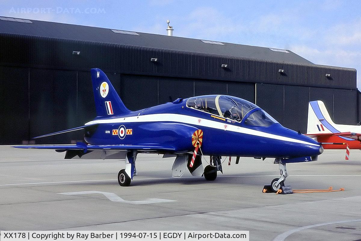 XX178, 1977 Hawker Siddeley Hawk T.1W C/N 025/312025, BAe Hawk T.1A [312025] (Royal Air Force) RNAS Yeovilton~G 15/07/1994. From a slide.