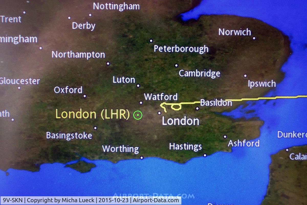 9V-SKN, 2011 Airbus A380-841 C/N 071, After 14+ hours (SIN-LHR), holding at Heathrow is not that much fun...