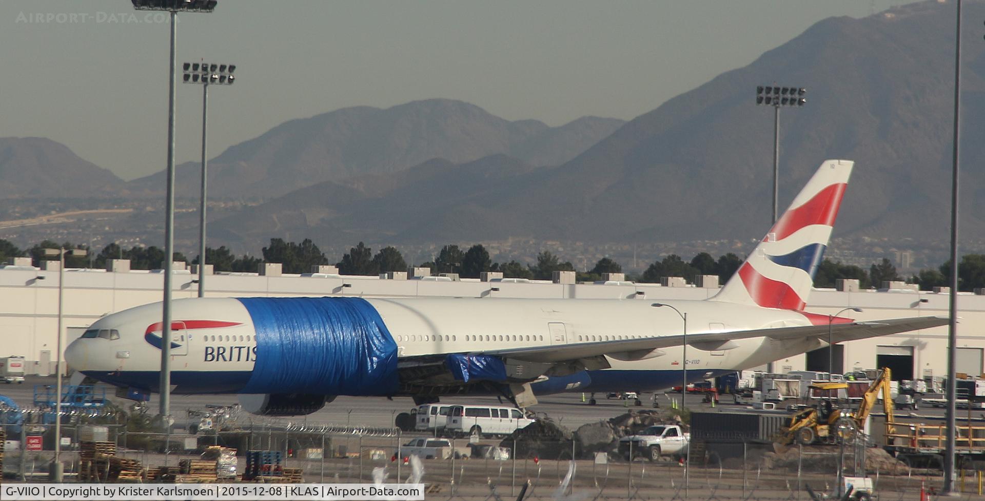 G-VIIO, 1999 Boeing 777-236 C/N 29320, Awaits further action after its fire at Las Vegas NV.