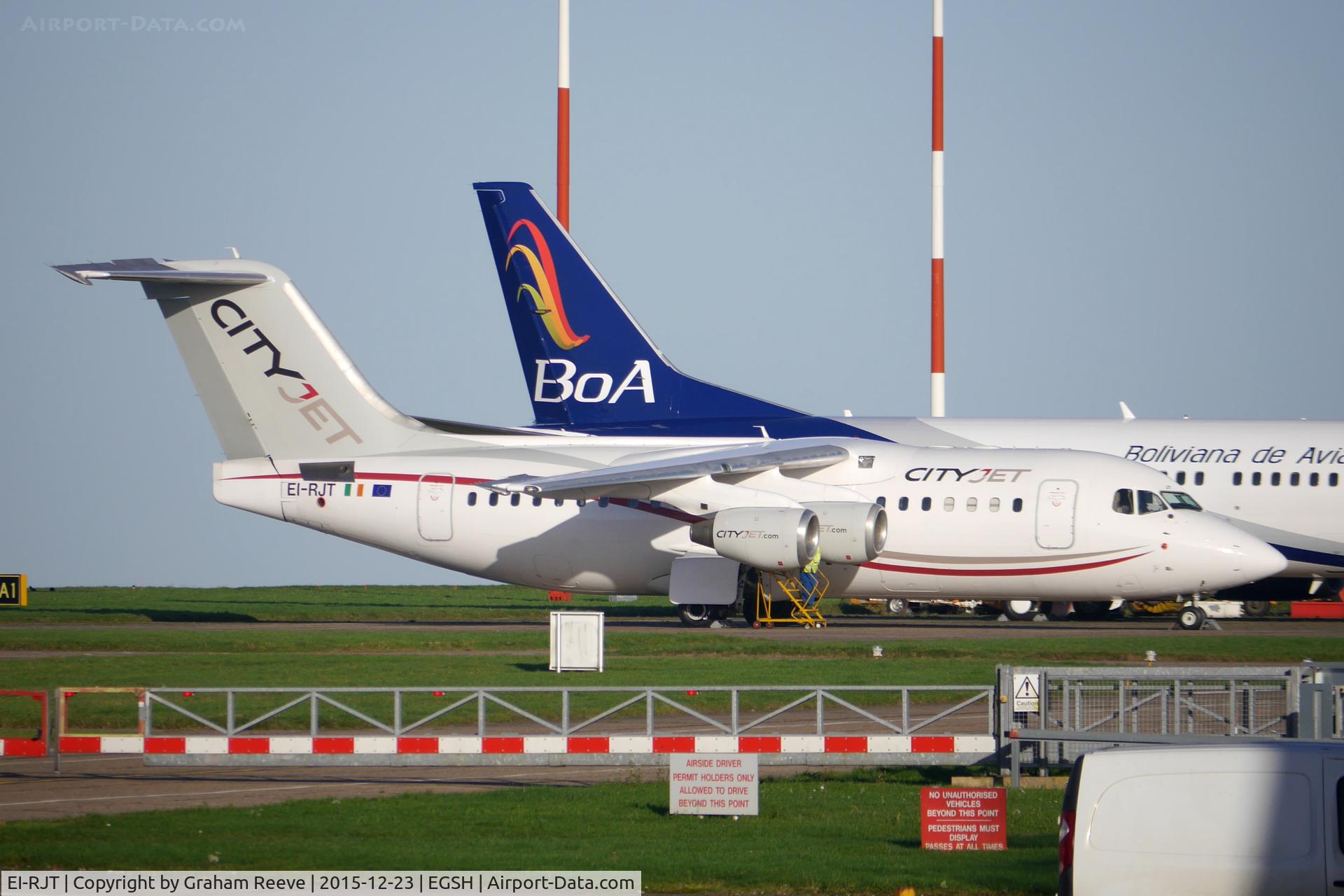 EI-RJT, 2000 British Aerospace Avro 146-RJ85A C/N E2366, Parked at Norwich.