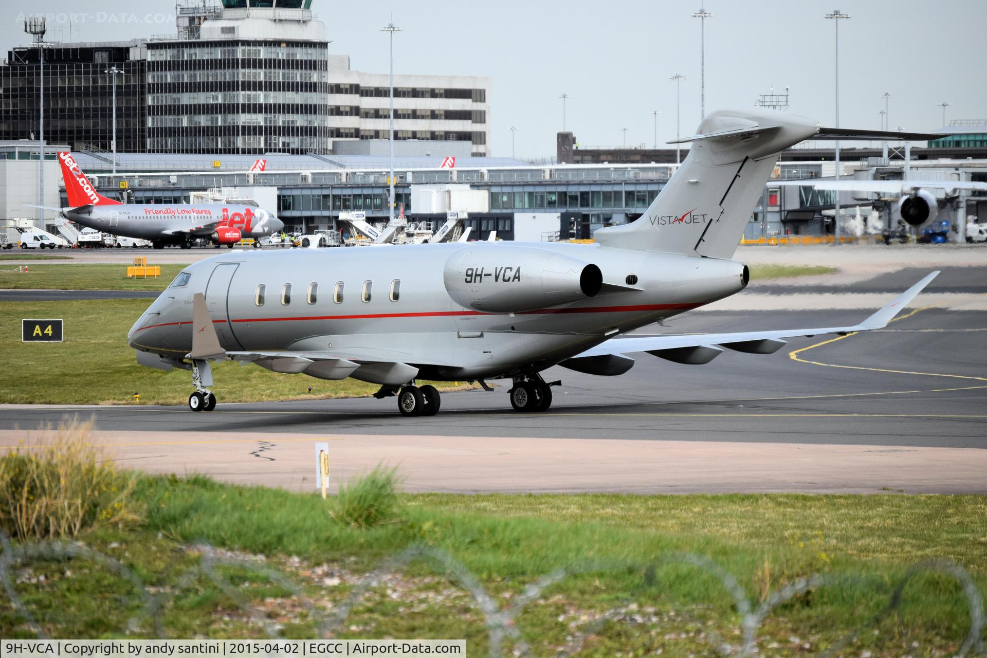 9H-VCA, 2014 Bombardier Challenger 350 (BD-100-1A10) C/N 20513, just turning onto the landmark FBO ramp at [EGCC]