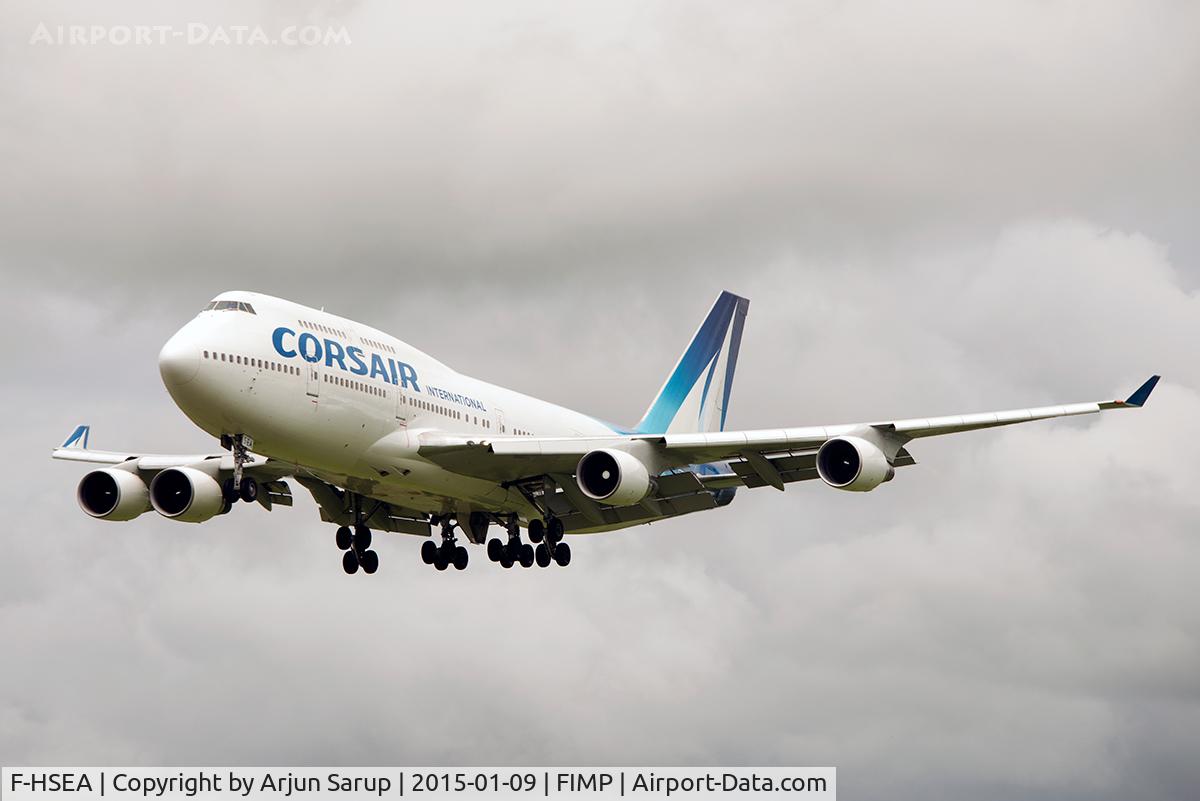 F-HSEA, 1992 Boeing 747-422 C/N 26877, Flight No. SS952 from Orly approaching rwy 14 at Plaisance under a cloudy summer sky.