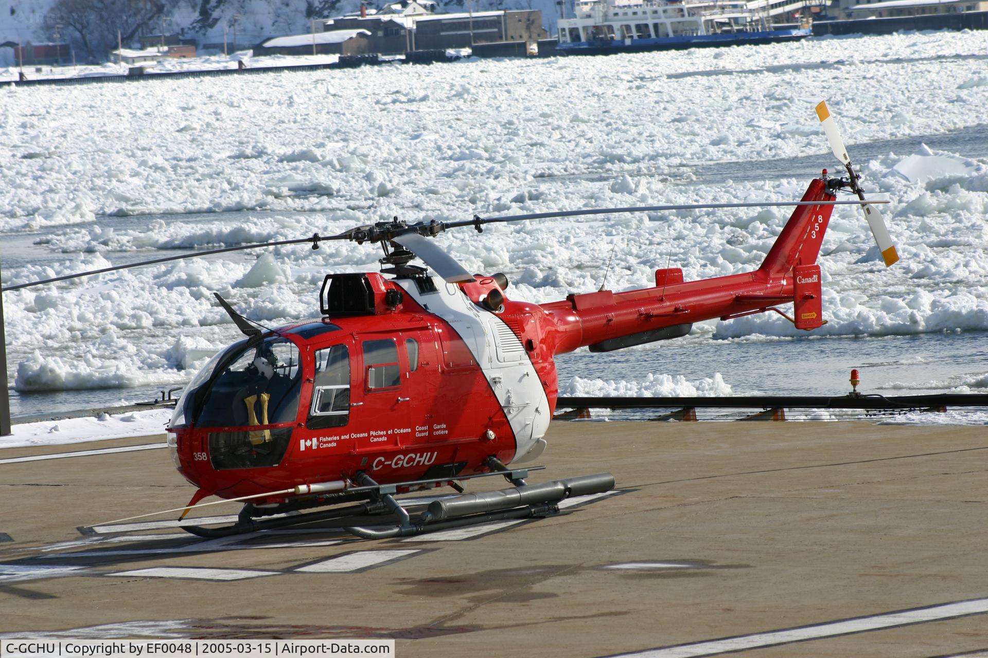 C-GCHU, 1985 MBB Bo-105LS-A3 C/N S-696, Frozen St Lawrence in background, off airport Montreal