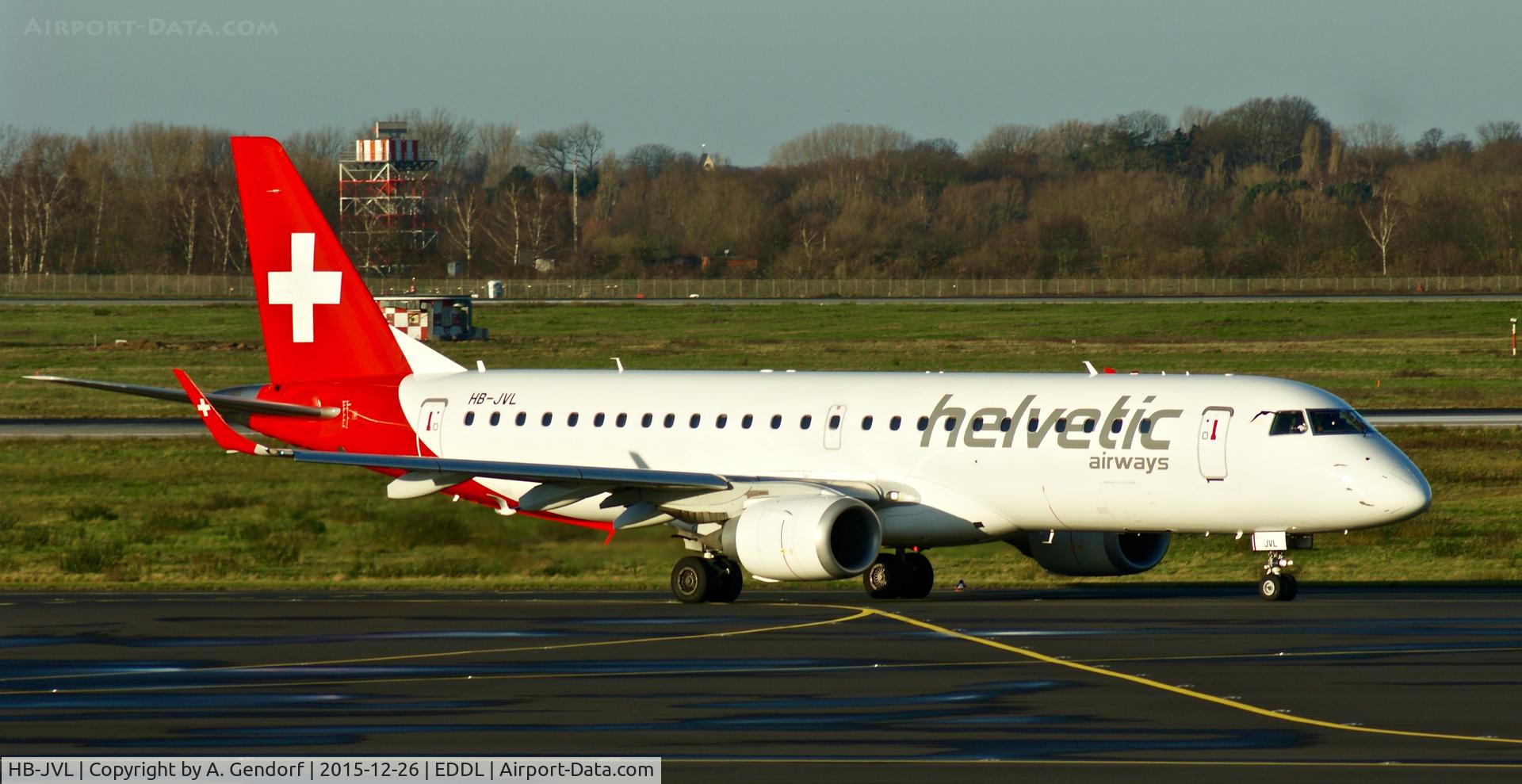 HB-JVL, 2010 Embraer E190 (ERJ-190-100) C/N 19000354, Helvetic, is here taxiing at Düsseldorf Int'l(EDDL)