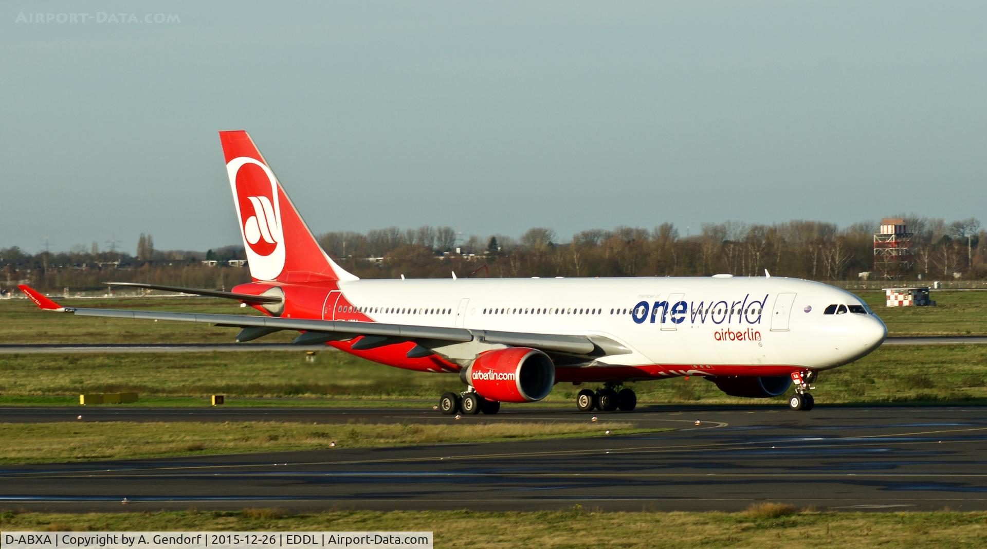 D-ABXA, 1999 Airbus A330-223 C/N 288, Air Berlin (One World ttl.), is here taxiing at Düsseldorf Int'l(EDDL)