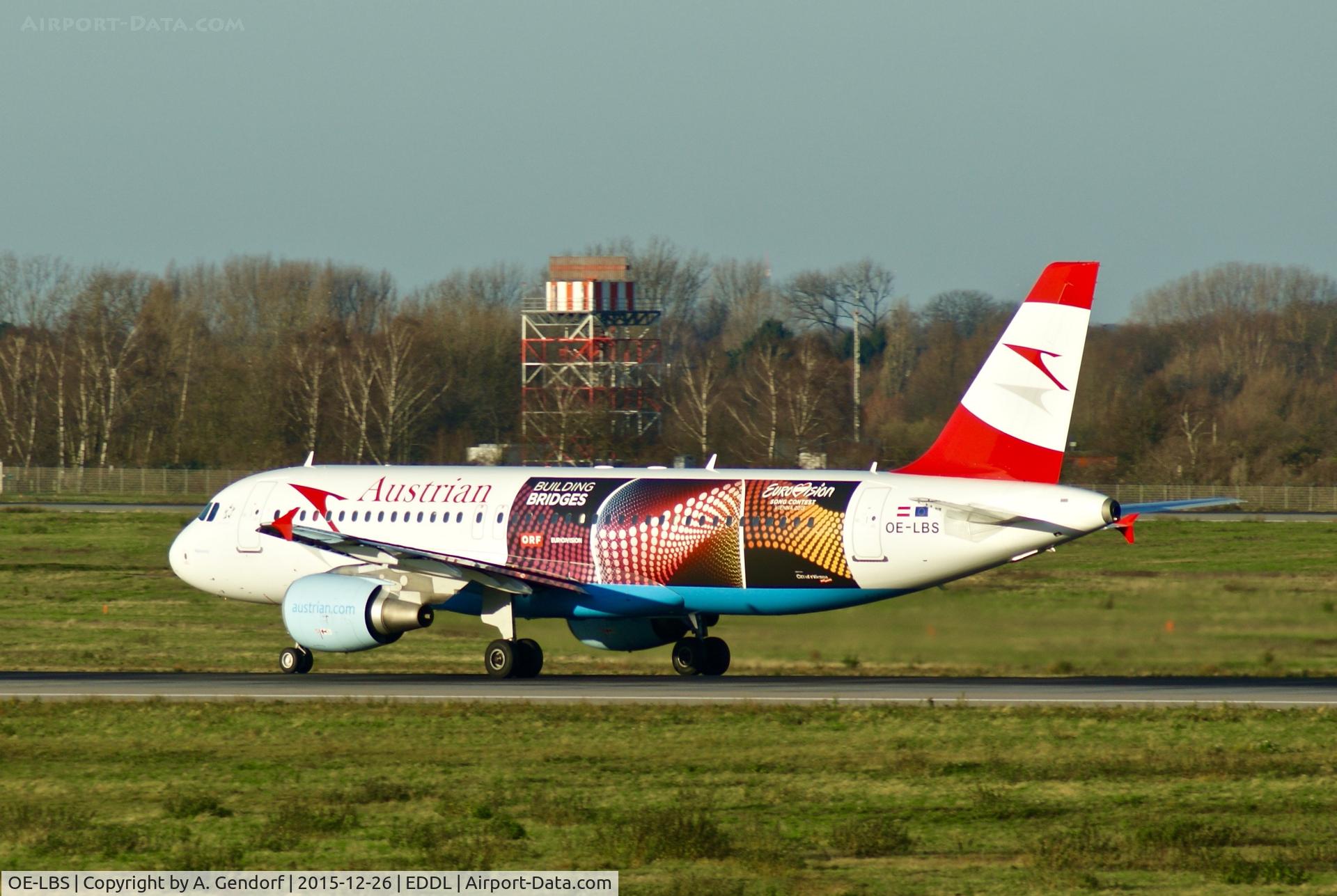 OE-LBS, 2000 Airbus A320-214 C/N 1189, Austrian Airlines (Eurovision Song Contest cs.), is here on RWY 23L at Düsseldorf Int'l(EDDL)