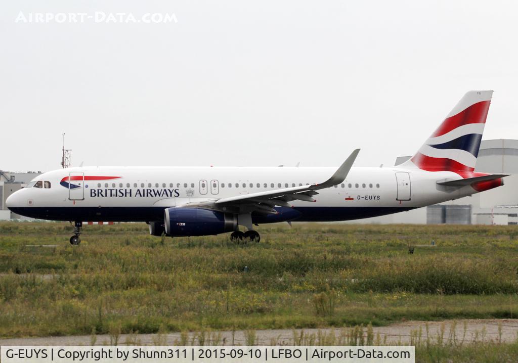 G-EUYS, 2013 Airbus A320-232 C/N 5948, Taxiing holding point rwy 32R for departure...