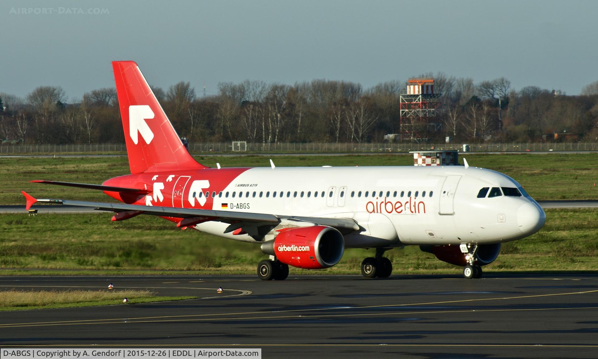 D-ABGS, 2009 Airbus A319-112 C/N 3865, Air Berlin (OLT-Express cs.), is here taxiing at Düsseldorf Int'l(EDDL)