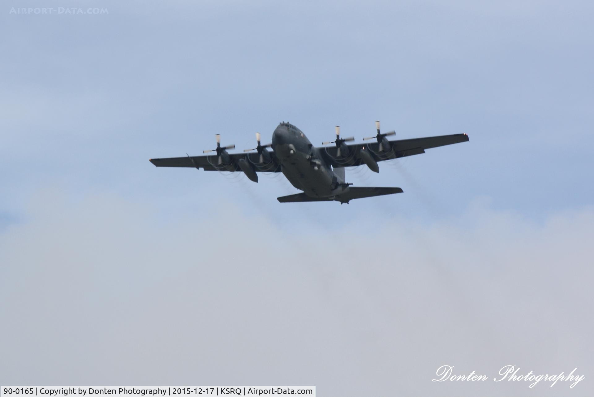 90-0165, 1990 Lockheed AC-130U Spooky II C/N 382-5259, AC-130U Spooky II (90-0165) from Air Force Special Operations Command at Hulbert Field departs Sarasota-Bradenton International Airport