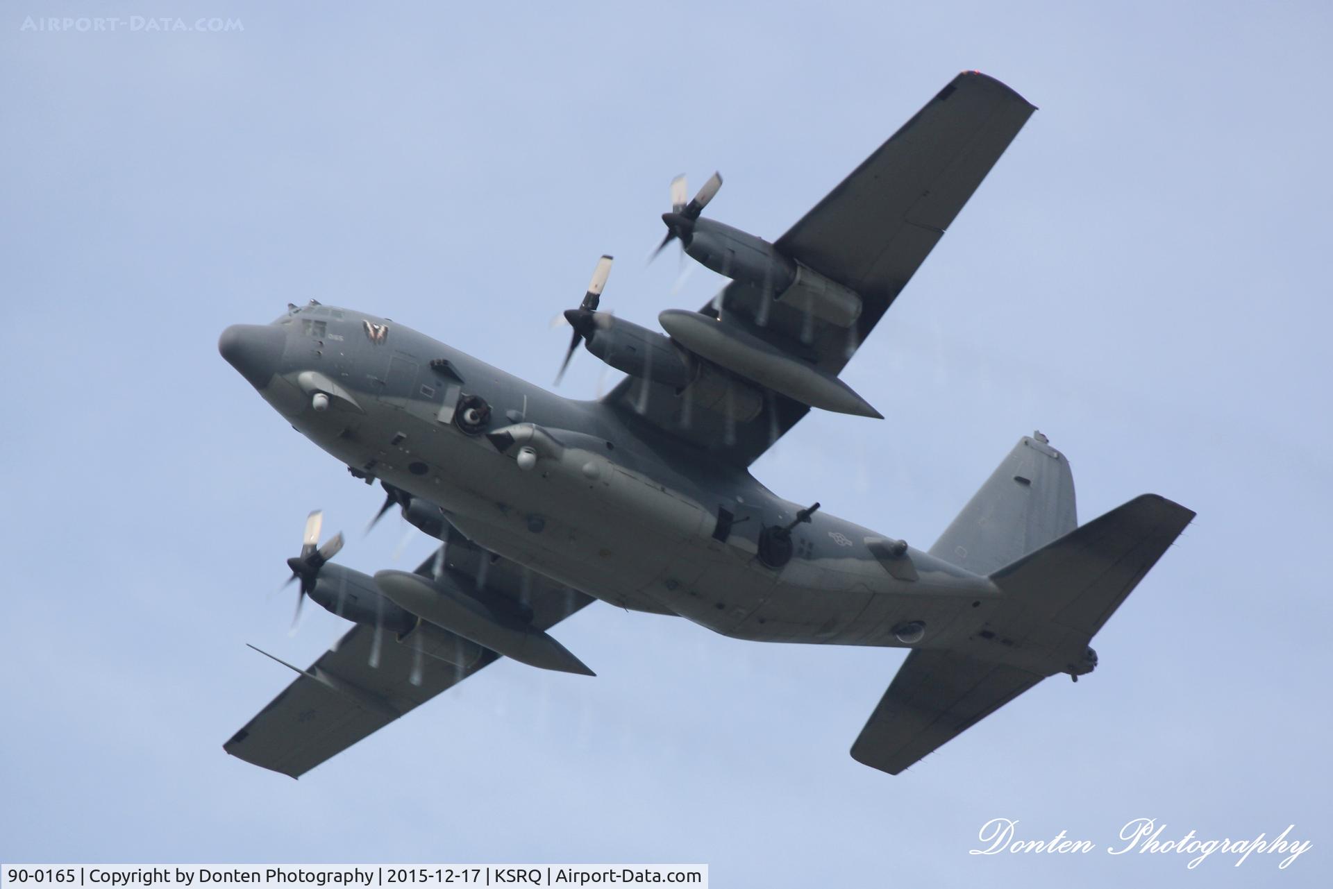 90-0165, 1990 Lockheed AC-130U Spooky II C/N 382-5259, AC-130U Spooky II (90-0165) from Air Force Special Operations Command at Hulbert Field departs Sarasota-Bradenton International Airport