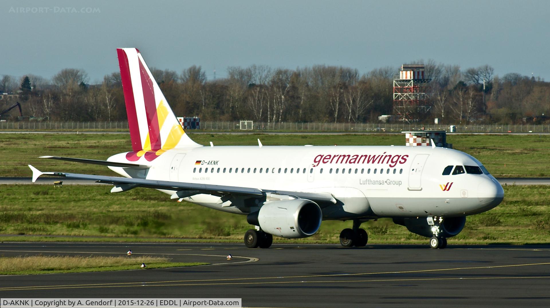 D-AKNK, 1999 Airbus A319-112 C/N 1077, Germanwings, is here taxiing at Düsseldorf Int'l(EDDL)