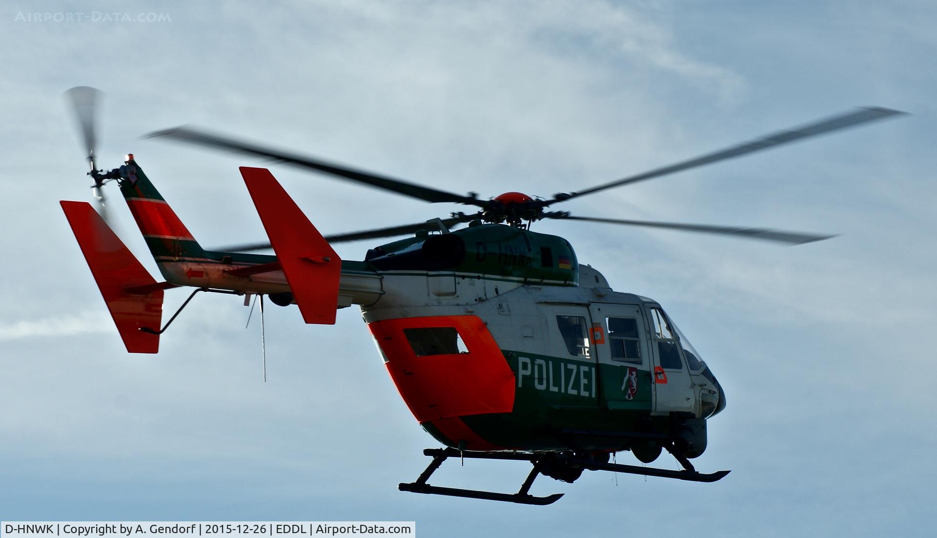 D-HNWK, 1989 Eurocopter-Kawasaki BK-117B-2 C/N 7200, Polizei, is here leaving the base at Düsseldorf Int'l(EDDL)