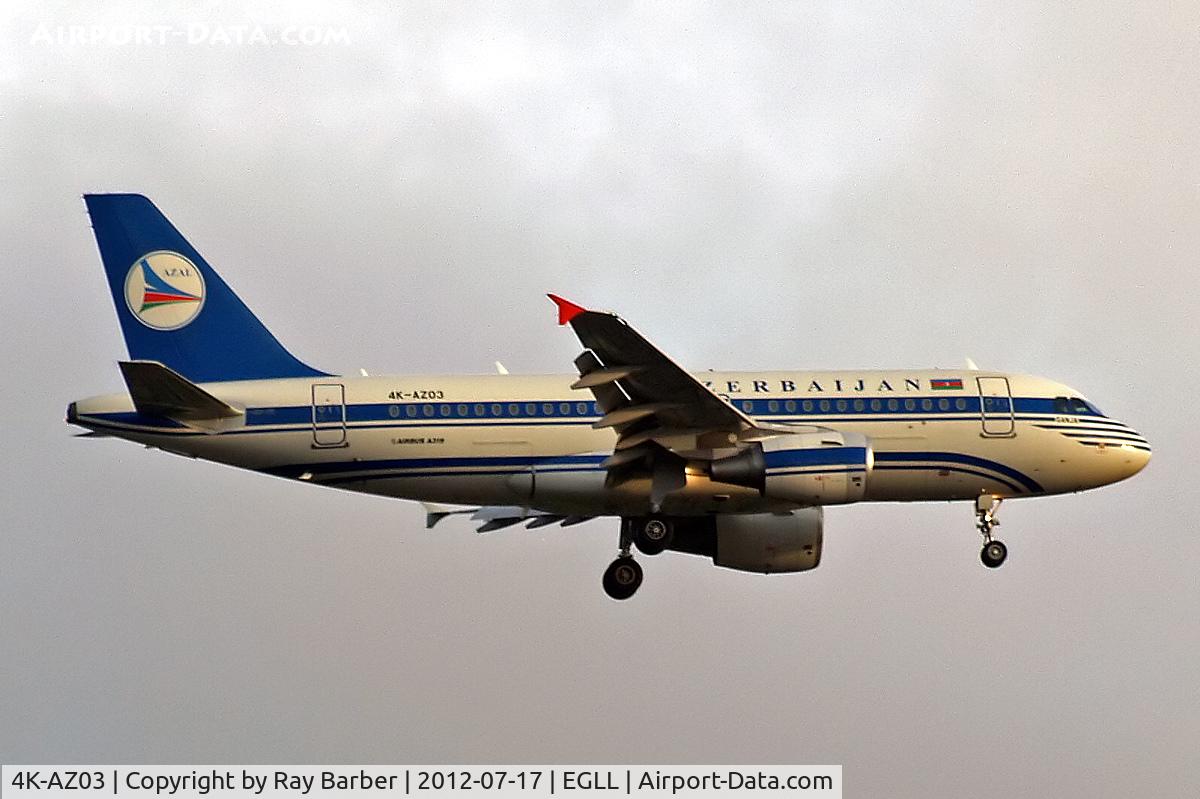 4K-AZ03, 2005 Airbus A319-111 C/N 2516, Airbus A319-111 [2516] (Azerbaijan Airlines) Home~G 17/07/2012. On approach 27L.