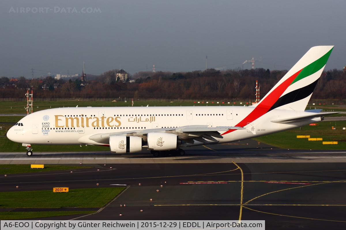 A6-EOO, 2015 Airbus A380-861 C/N 0190, Arriving at Düsseldorf Airport